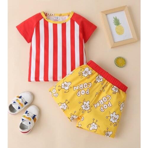 Fashion Clothes Baby Boy Clothes Set Summer 2 Pcs Sets Cool Striped Short Sleeve T-shirt Tops+Popcorn Letter Short Pants 0-18M