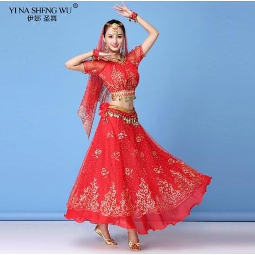 Bollywood Belly Dance Costume Set Indian Dance Sari Bellydance Skirt Suit Women Chiffon 3/5/7pcs (Headpiece Veil Top Belt Skirt)