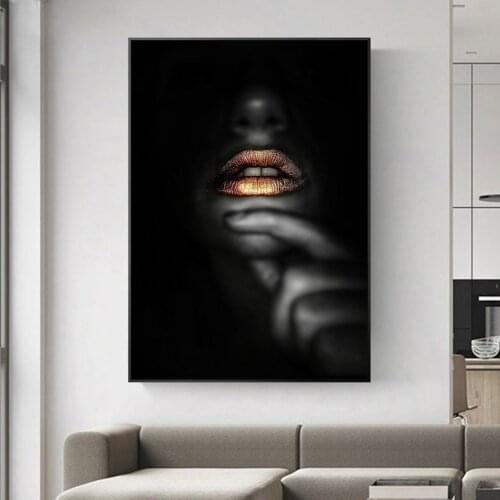 Sexy Golden Lips Canvas Paintings Black Girl Art Posters and Prints African Cuadros Wall Art Pictures for Living Room Decoration