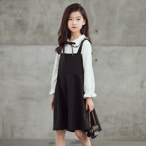 2021 Girl Clothes Suit Children Clothing Sets Autumn Girls Bowtie Shirts + Black Dress 2 Pcs Set for 4 6 8 10 12 14 Y Kids