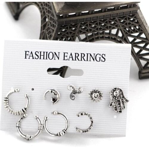 Hot-sale Earrings Popular Retro Bohemian Retro Sun Moon Earrings Eight-piece Set Stud Earrings