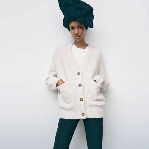 Nlzgmsj Za Women Fashion Pockets Loose Knitted Cardigan Sweater Vintage Long Sleeve Button-up Female Outerwear Chic Tops 202108