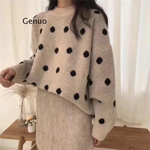 Overszied Polka Dots Sweater Women Winter Knitted Pullover Female Long Sleeve Sweaters Korean Casual Loose Knitt Outerwear Tops
