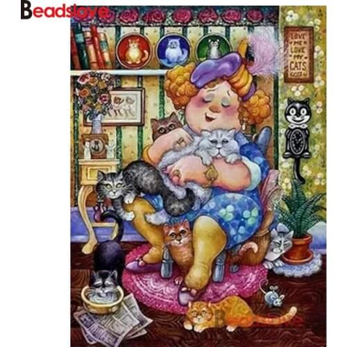 Full square round drill diamond mosaic cartoon fat lady and cats 5 d drill diy diamond embroidery woman & animals diamond paint