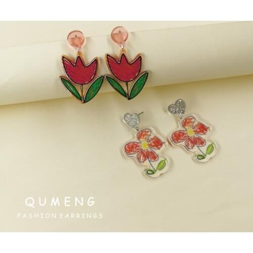 QUMENG Creative Fashion Cute Drawing Graffiti Colorful Red Flowers Printed Acrylic Pendant Earrings Women Girls Lovely Jewelry