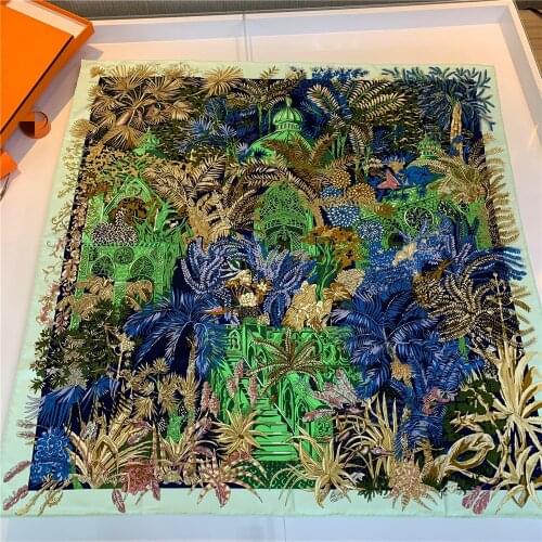 90cm "Palaces in the jungle" Luxury Brand Scarf Women Bandana Handmade Curled Twill Silk Square Hijab Scarf Foulard Head Scarves