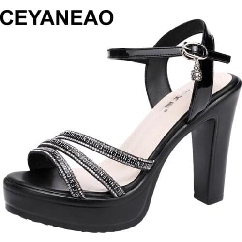 CEYANEAO10cm high-heeled thick-heeled sandals womens thick-soled rhinestone fashion all-match open-toed sandals 2021 summer new