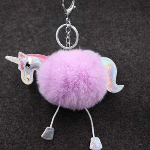 Cute Fluffy Fur Unicorn Keychain Faux Rabbit Fur Ball Pom Pom Horse Key Chains Bag Charms Trinket Car Key Ring Gift