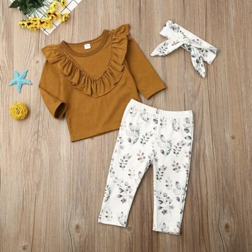 Toddler Baby Girl Kid Floral Ruffled Collar Top Floral Pants Headband Cotton Clothes Autumn Spring Girls Clothing