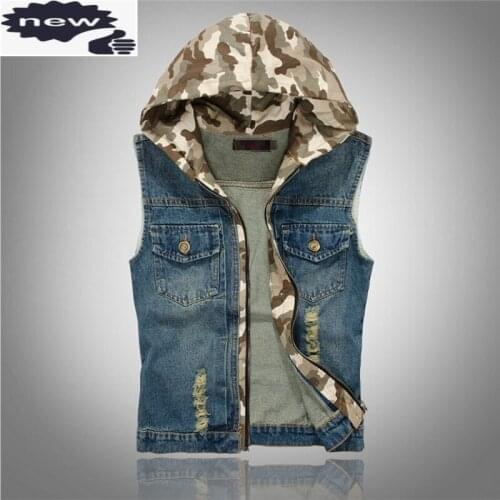 Spring Brand Hot Sale Slim Fit Hooded Camouflage Hole Denim Vests Male Cow Boy Sleeveless Jackets Waistcoat Zipper Fly