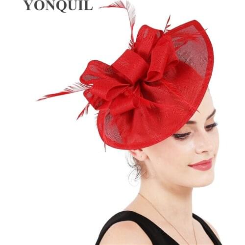 Women Vintage big derby loop fascinators hats ladies red event feather headwear race hair accessories fedora pillbox hats SYF66