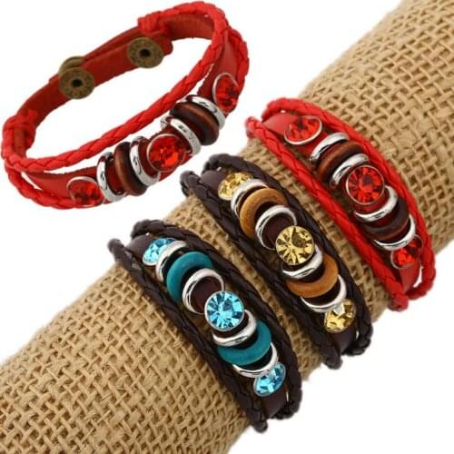 Women Crystal Beads Leather Bracelet Cuff Handmade Braided Charm Multi-layer Wristbands Buckle Bangle Boho Fashion Jewelry Gift