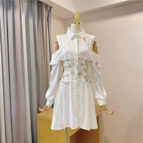 JSXDHK Autumn Designer Satin Off Shoulder Shirt Dress Fashion Chin Women Lapel Collar White Patchwork Printed Lace Up Mini Dress