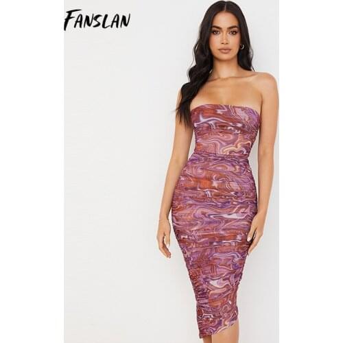 Fanslan Summer Print Midi Dress Women Double Layer Mesh Sexy Bodycon Strapless Sexy Party Wrap Ruched Dresses Casual Vestidos