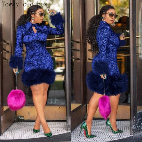 S-5XL Feather Party Sexy Short Dress Women Fashion Print African Long Sleeve Black Blue Vintage Bodycon Dresses