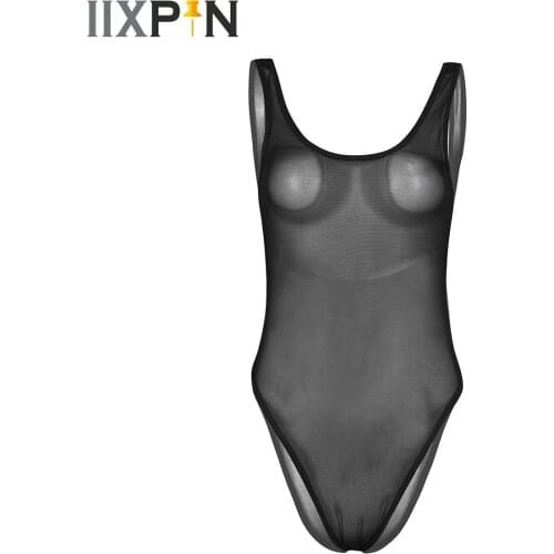 Womens Summer Teddies Lingerie Catsuit Sleeveless Sheer Mesh Transparent Sissy Nightwear High Cut Leotard Bodystocking Bodysuit