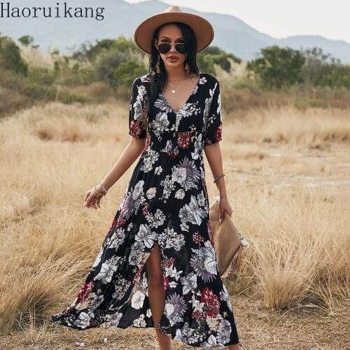 Women V Neck Slim High Waist Bandage Summer Dress Ladies Floral Print A Line Maxi Long Dress