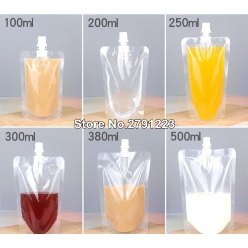 100 Pack, Stand-up Plastic Drink Packaging Bag Spout Pocket for Beverage Liquid Juice Milk Coffee