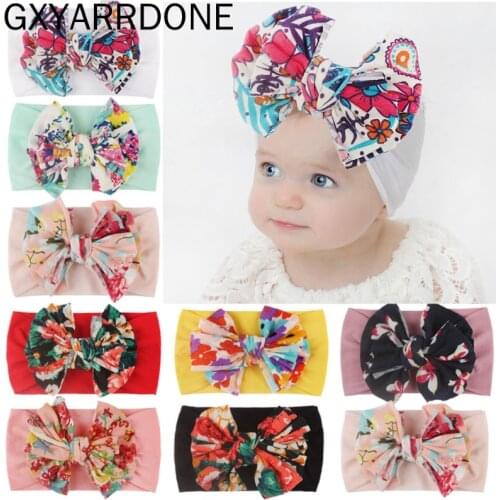 2021 Flower Printed Bow Turban Baby Girl Nylon Headbands Hair Accessories Baby Stretchy Soft Hairbands Newborn Toddle Hairbow