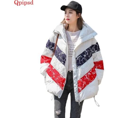 2019 Winter Down Cotton Parkas Coat Womens Lace Splice Cotton-padded Coats Female Thicken Warm Cotton Coats Women Loose Outwear