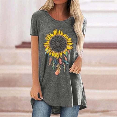 40# Summer Casual T-shirt Women Casual Plus Size Sunflower Printing V-neck Short Sleeve Long T-shirt Top Женские Футболки