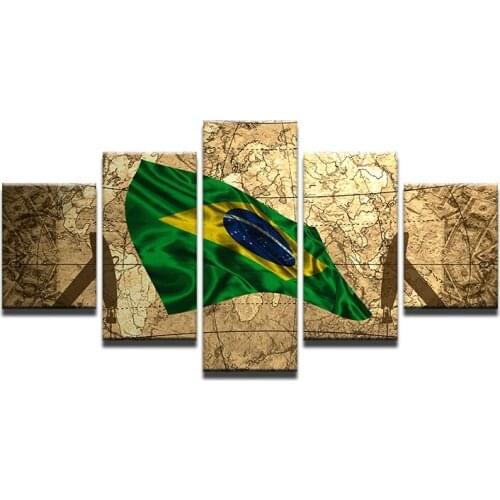 5 Panel Large Poster Printed Canvas Painting Brazil Flag Canvas Print Art Home Decor Wall Art Pictures For Living Room