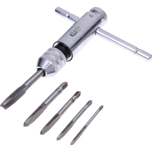 5Pcs Adjustable M3-M8 T-Handle Ratchet Taps Wrench Machinist Tool with Screw Thread Plug Tap Tools Set