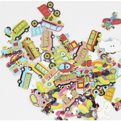 50pcs/Pack DIY Handmade Color Cartoon Cars/Airplanes Wooden Buttons Clothing Buttons Decorative Buttons Fabric Needlework