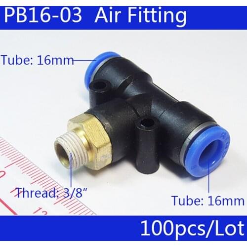 Free shipping HIGH QUALITY 100Pcs PB16-02, Pneumatic 1/4" Male Thread 16mm Push In Quick Fittings T Connectors