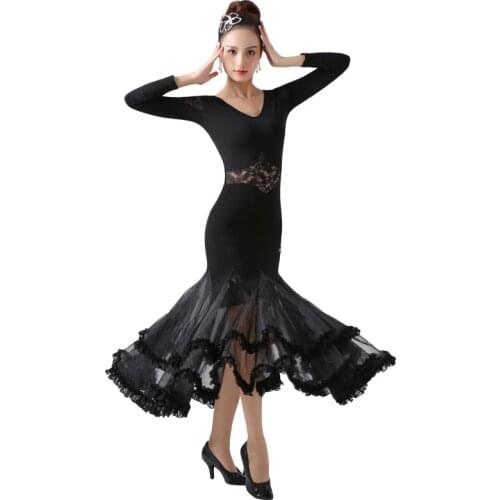 Black lace standard ballroom dance dress waltz dance costumes Spanish flamenco dance dress tango dress dance clothing practice