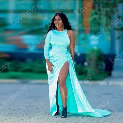 Black Girl Mermaid Evening Dresses 2021 African One Shoulder Side Split Long Sleeves Formal Prom Party Gowns Robes De Soirée