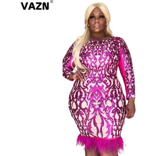 VAZN 2020 Autumn Elegant High-end Sequined Sexy Flaring Plus Size Office Daily Full Sleeve Women High Waist Thin Midi Dress