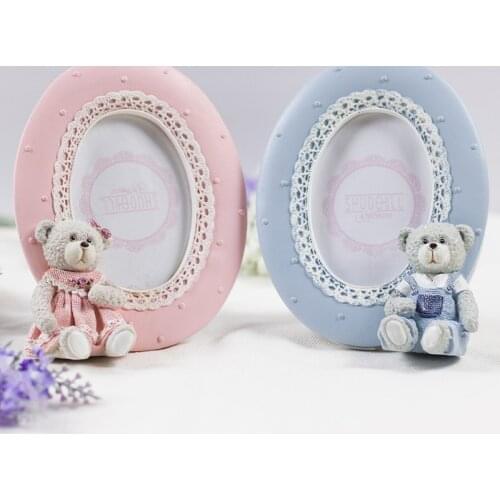 European Cute Teddy Tear With Lace Border Design Oval Square Shape 2x2 2.5x3.5 Pink Blue Resin Tabletop Baby Picture Photo Frame