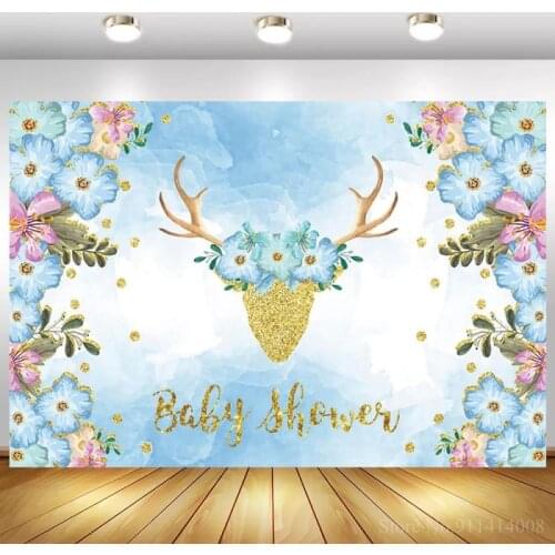 Golden Deer Head Sky Blue Flowers Decoration Baby Shower Photography Backdrop Newborn Kids 1st Birthday Cake Table Background