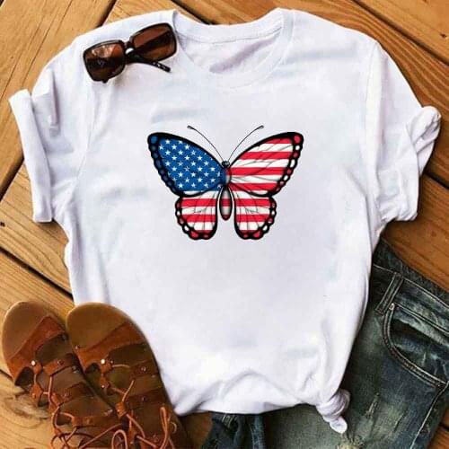 Graphic T Shirts Oversized USA Butterfly Print Women Harajuku T Shirt Aesthetic Short Sleeve Top Female Cartoon Print O Neck Top