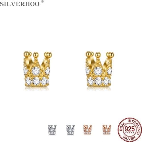 SILVERHOO 925 Sterling Silver Shiny Crown Earrings For Women Cute Cubic Zirconia Gold Color Small Stud Earring Silver Jewelry