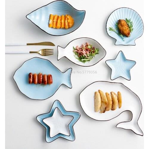 Ocean Style Ceramic Plate Tableware Whale Fish Dish Shell Starfish Trumpet Shell Bowl Blue White Porcelain Dinnerware Animal