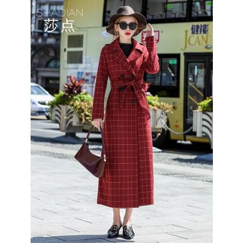 Red Windbreaker 2021 New Autumn and Winter Plaid Coat Womens Waist Fashion Temperament Double Breasted Big Lapel Coat