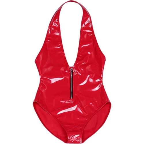 Plus Size Halter Deep V-neck Backless Sexy Swimwear Wetlook PVC Latex Catsuit Shiny Cosplay Swimsuit Bathing Bodysuit Sukumizu