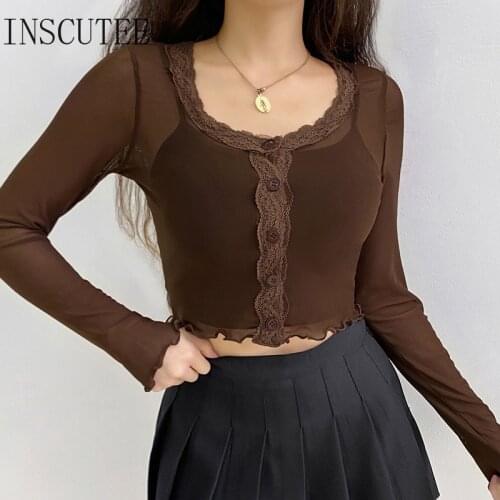 Inscutee 2021 Summer Sexy Grunge Fairy Core Mesh Transparent Short Sleeve Women Harajuku Y2k Emo Alt Brown Lace Punk Crop Tops