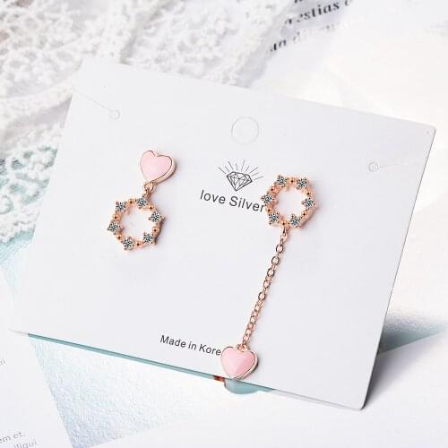 925 Sterling Silver Lovely Asymmetrical Pink Love Heart Shaped Earrings Zircon Chain Silver Color Earrings oorbellen S-E783