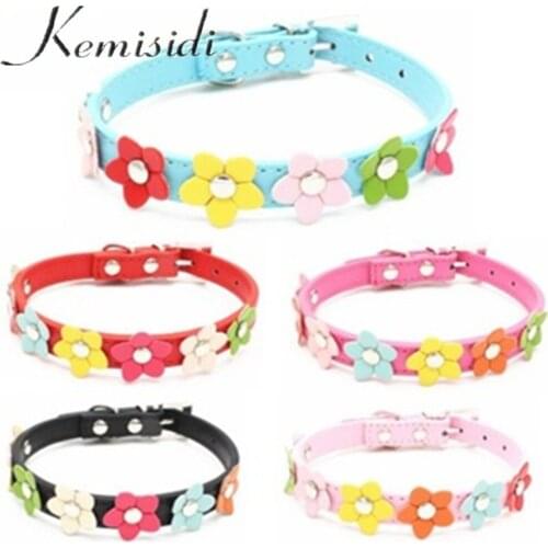 KEMISIDI Hot Dog Collars Chain Single Row Small Cute Pet Dog Collar Flowers Pattern Leather Collars For Dogs Cats Adjustable