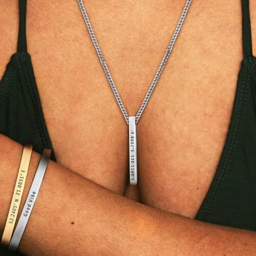 Engraved Bar Necklace & Bracelet Custom Coordinate Name For Men and Women Personalized Stainless Steel Mantra Gift Jewelry Set