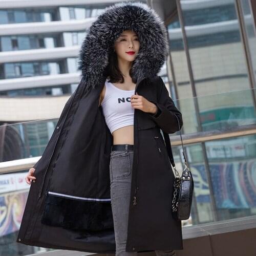 Movie Star Women Fur Coat Genuine Rabbit Fur Lined Hooded Fashion Luxurious Big Raccoon Fur Collar Windproof Parkas Jacket