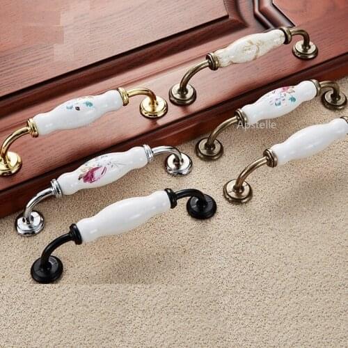 Retro Closet Wardrobe Pull Zinc Alloy Ceramic Bronze Black Gold Flower Kitchen Cupboard Knobs Cabinet Drawer Handle