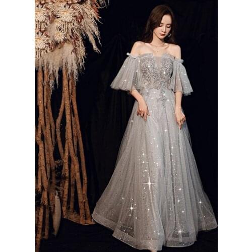 Gray Sequins Beads Cheongsams Backless Gradients Qipao Strapless Bandage Pleated Vestidos Mesh Celebrity Banquet Dresses Gown