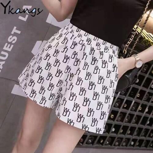 Letter Print High Waist Shorts Summer Breathable Elastic Waist Womens Sports Shorts New Casual Fashion Ladies Wide Leg Shorts