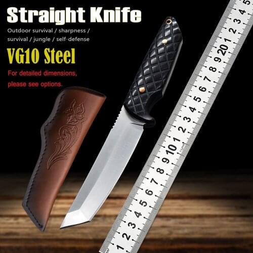 VG10 Steel Straight Knife Outdoor Tactical Portable Holster Camping Self-Defense Fixed Knife Life-Saving Knife EDC Tool Knife