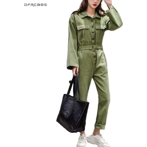 Army Green Vintage Jeans Jumpsuit For Women 2020 Autumn Loose High Waist Long Denim Romper Wide Leg Pants Strretwear Overalls