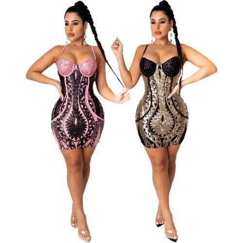 BeHygge 2021 Summer Fashion Mini Ladies Dress Pink Sexy Suspenders Sequins V-Neck Nightclub Party Dress